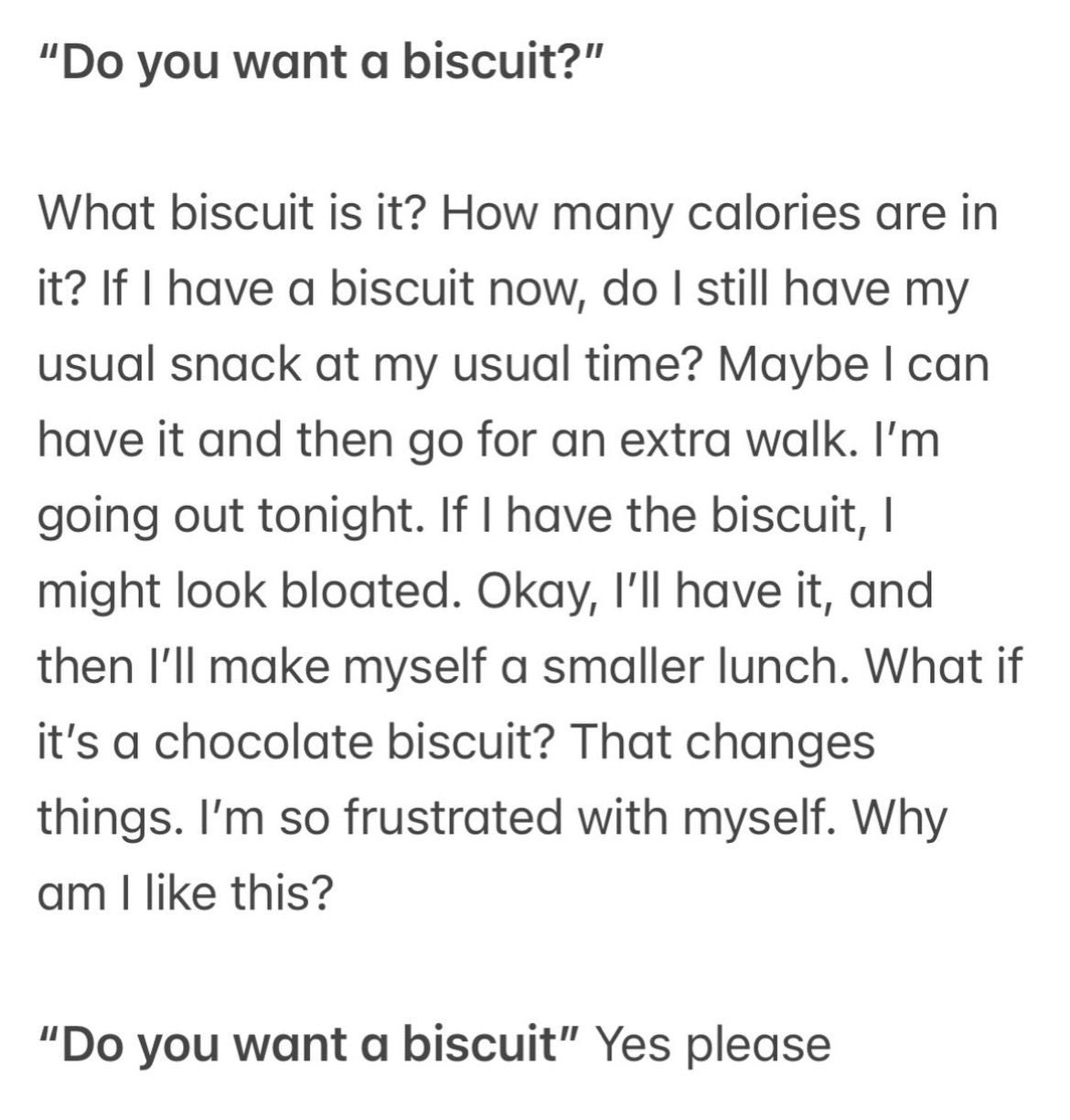 Tekst op witte achtergrond met vraag “Do you want a biscuit?” en bijbehorende zinnen.