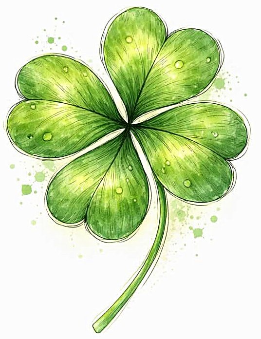 Groene klaver met vier blaadjes, aquarelstijl, spetters en kleine dauwdruppels op witte achtergrond.