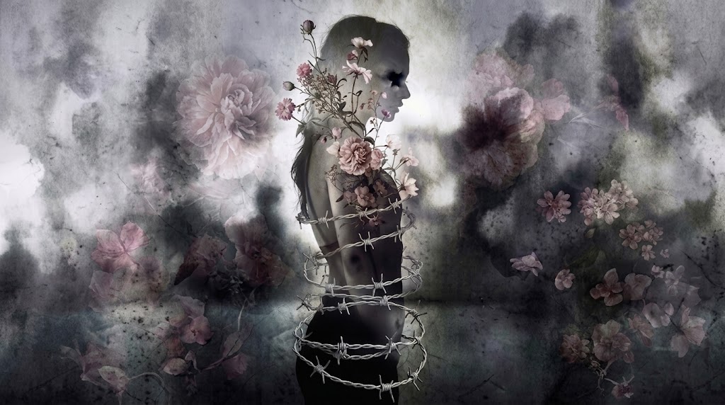 Portret van een vrouw in silhouet met bloemen en rookachtige wolken, omringd door roze bloesems.