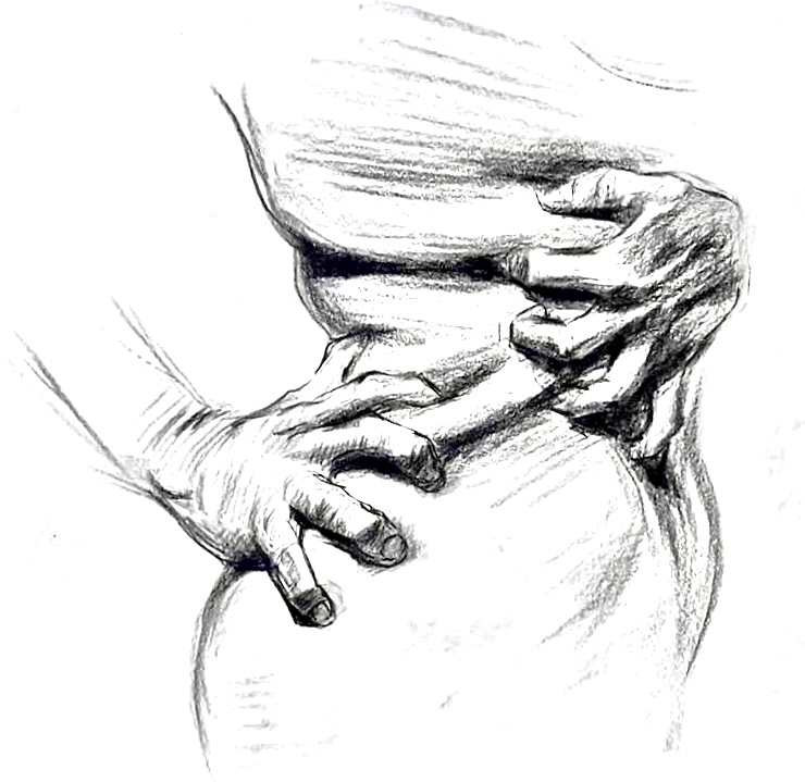 Zwart-witte schets van een hand die een kleine ring of knoopje vasthoudt, met schaduwrijke lijnen.