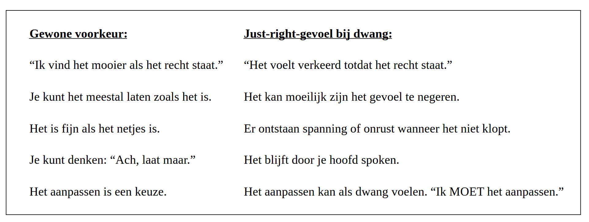 Tekstpagina met twee kolommen: “Gewone voorkeur” en “Just-right-gevoel bij dwang”, met citaten en uitleg.