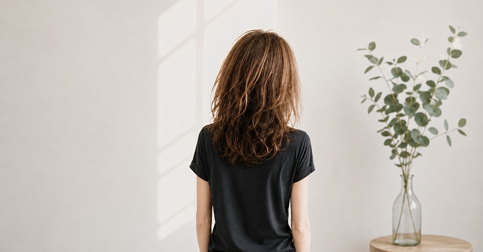 Rugaanzicht van persoon met lang bruin haar in zwarte T-shirt, voor witte muur met groene plant.