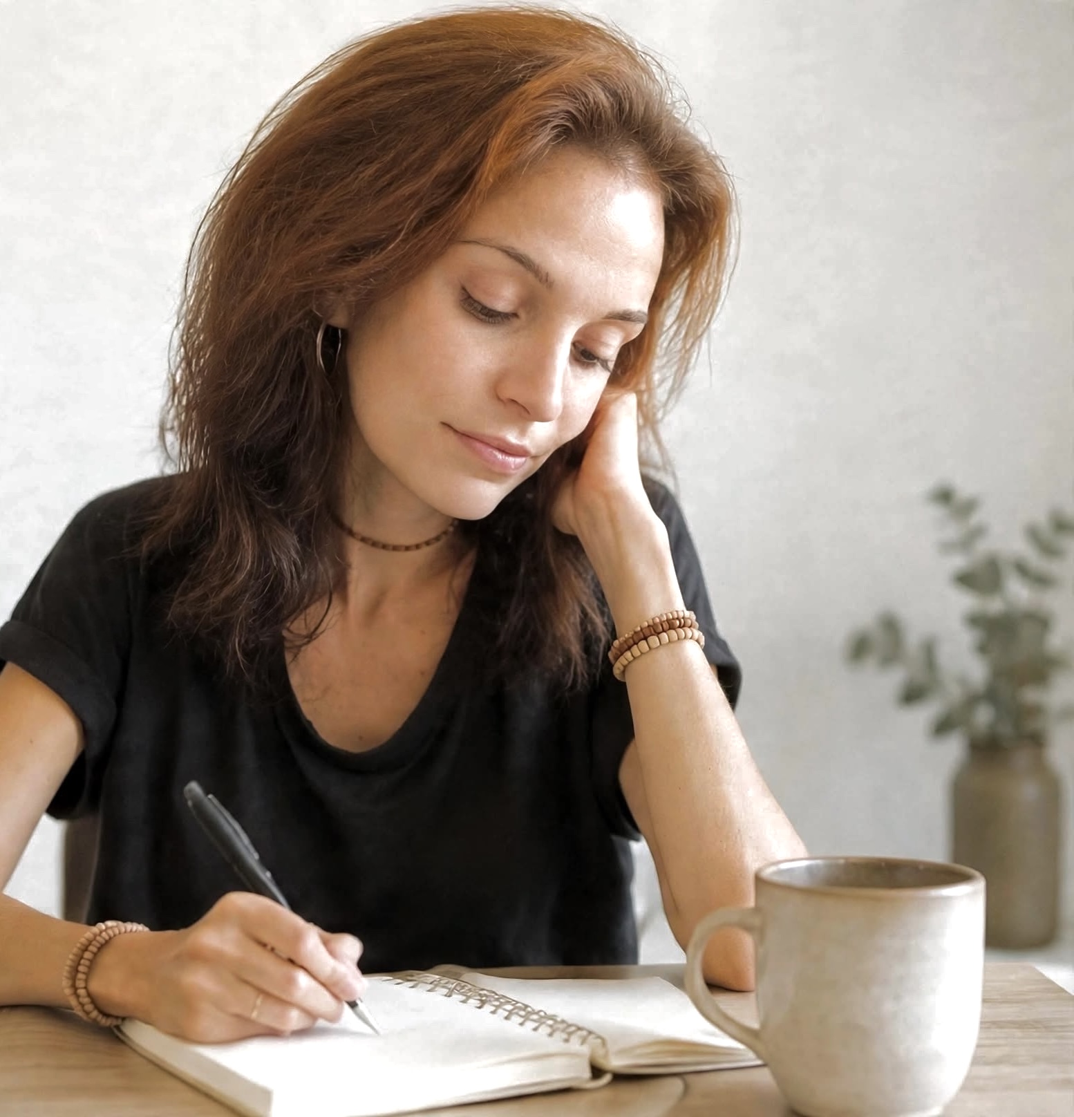 Vrouw met lang bruin haar schrijft in een notitieboek, leunend op haar hand, met koffiemok.
