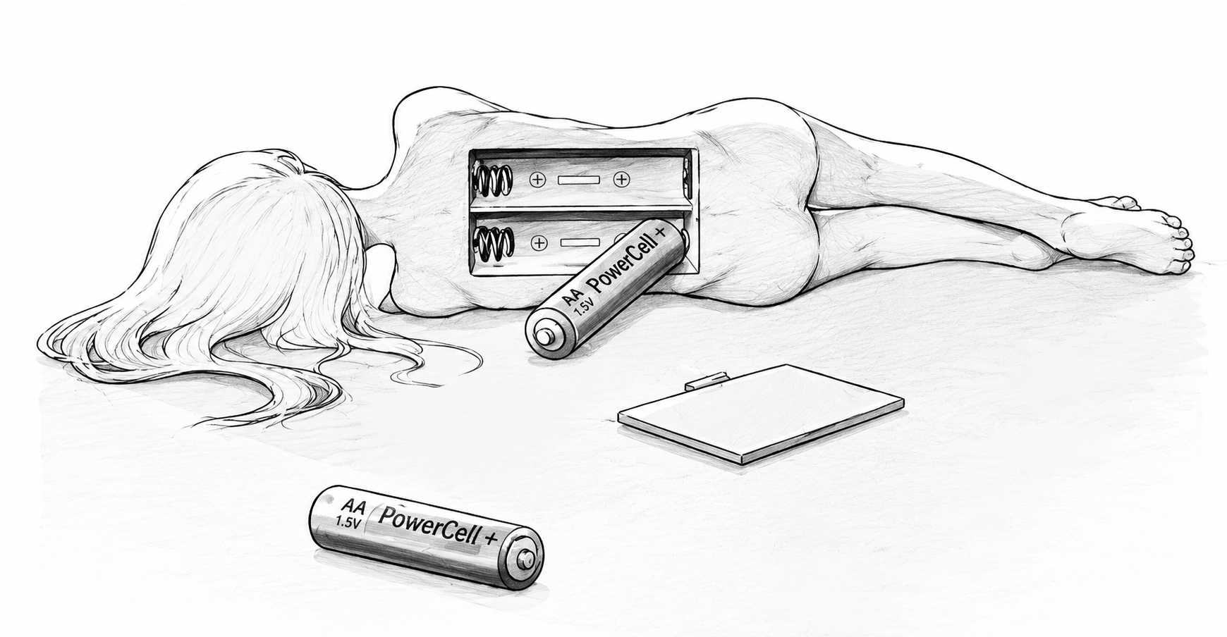 Getekende handen met AA PowerCell-batterij, batterijhouder en boekje op witte achtergrond.