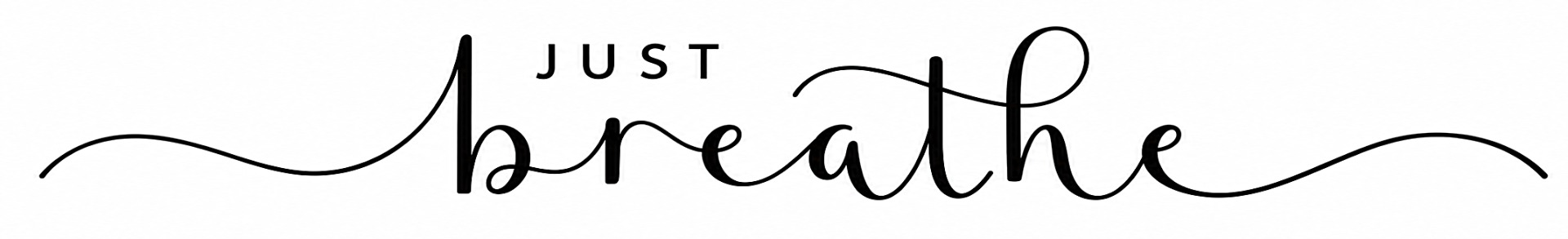 Zwart cursief logo met tekst “JUST breathe” op witte achtergrond, met sierlijke golvende lijnen.