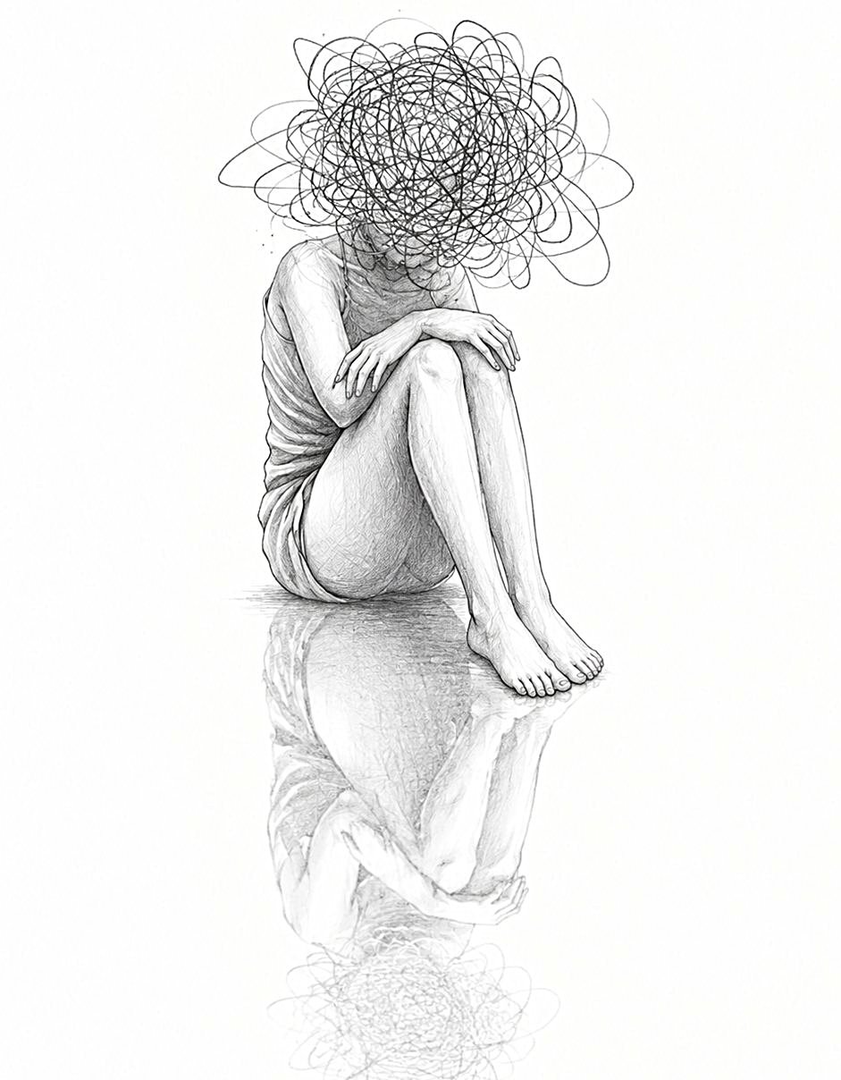 Zwart-witte illustratie van een gehurkte vrouw met een wirwar van lijnen als hoofd, reflectie op spiegelend oppervlak.