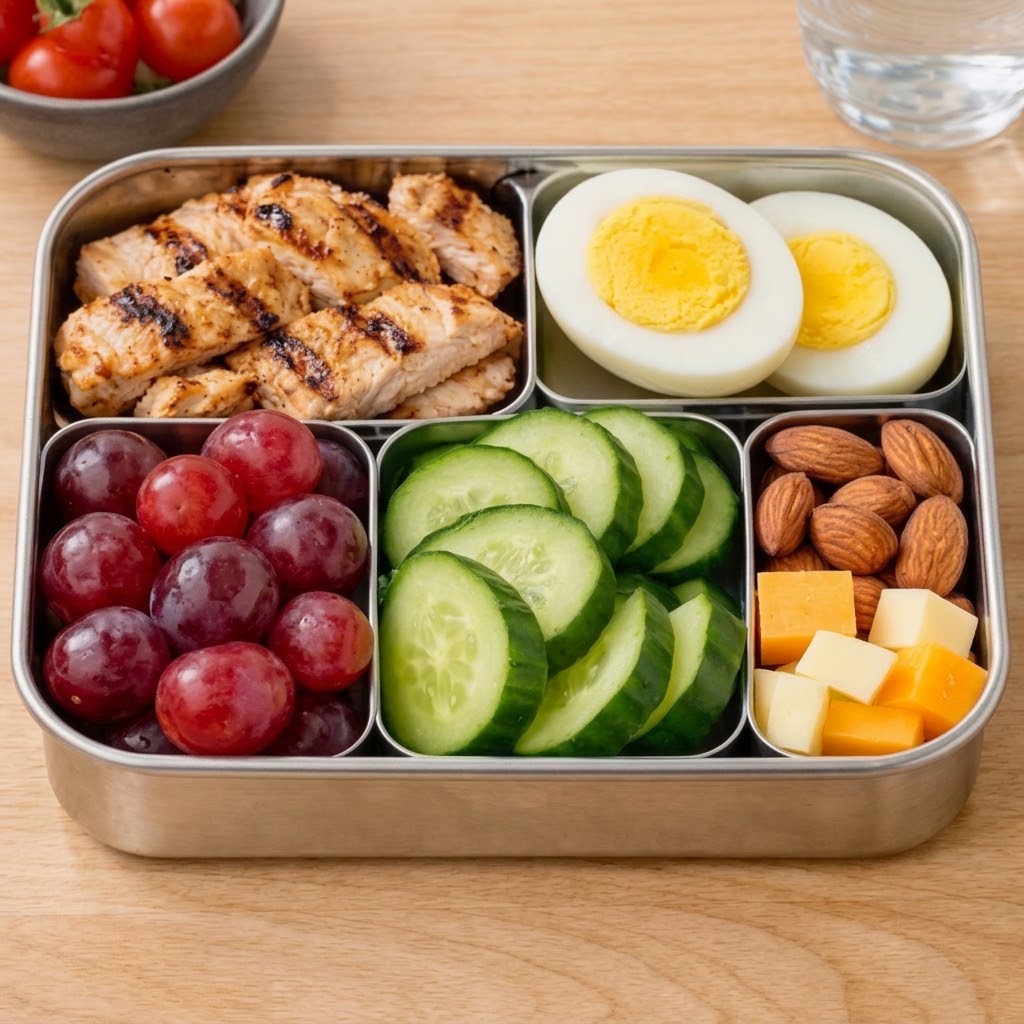 Gevulde lunchbox met kip, hardgekookte eieren, druiven, komkommer, amandelen en kaas op houten tafel.