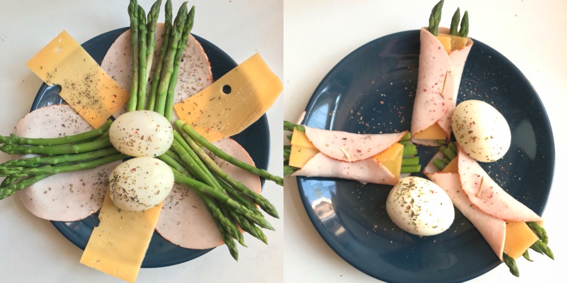 Twee borden met asperges, radijsjes, kaasplakken en plakjes ham, op witte ondergrond.