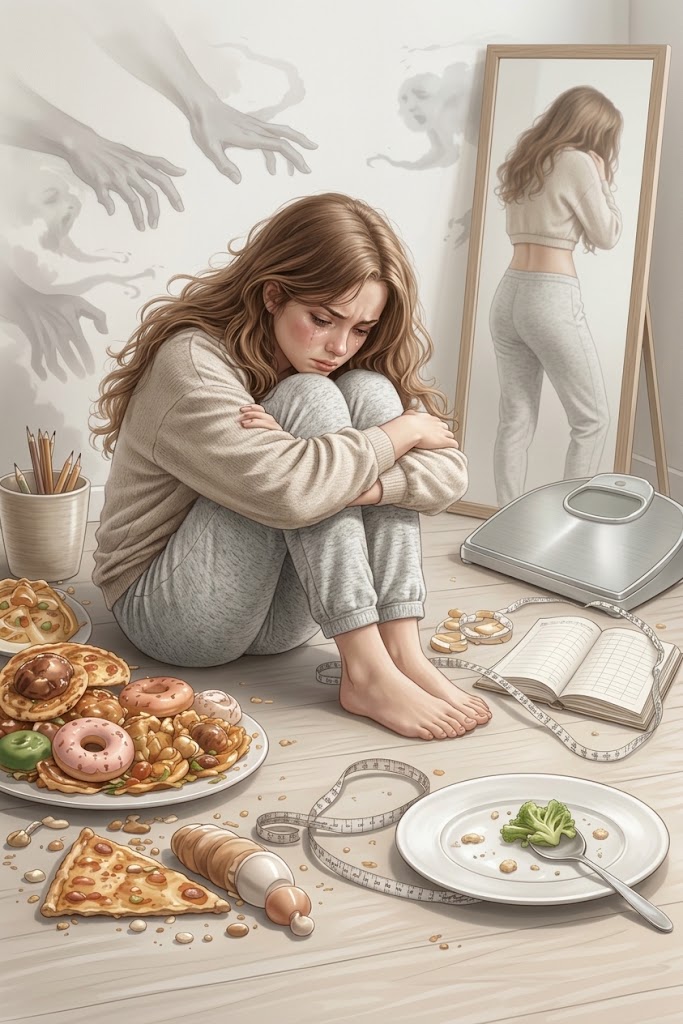Meisje in grijze pyjama zit op vloer, omarmt knieën, eten en meetlinten verspreid rond haar.