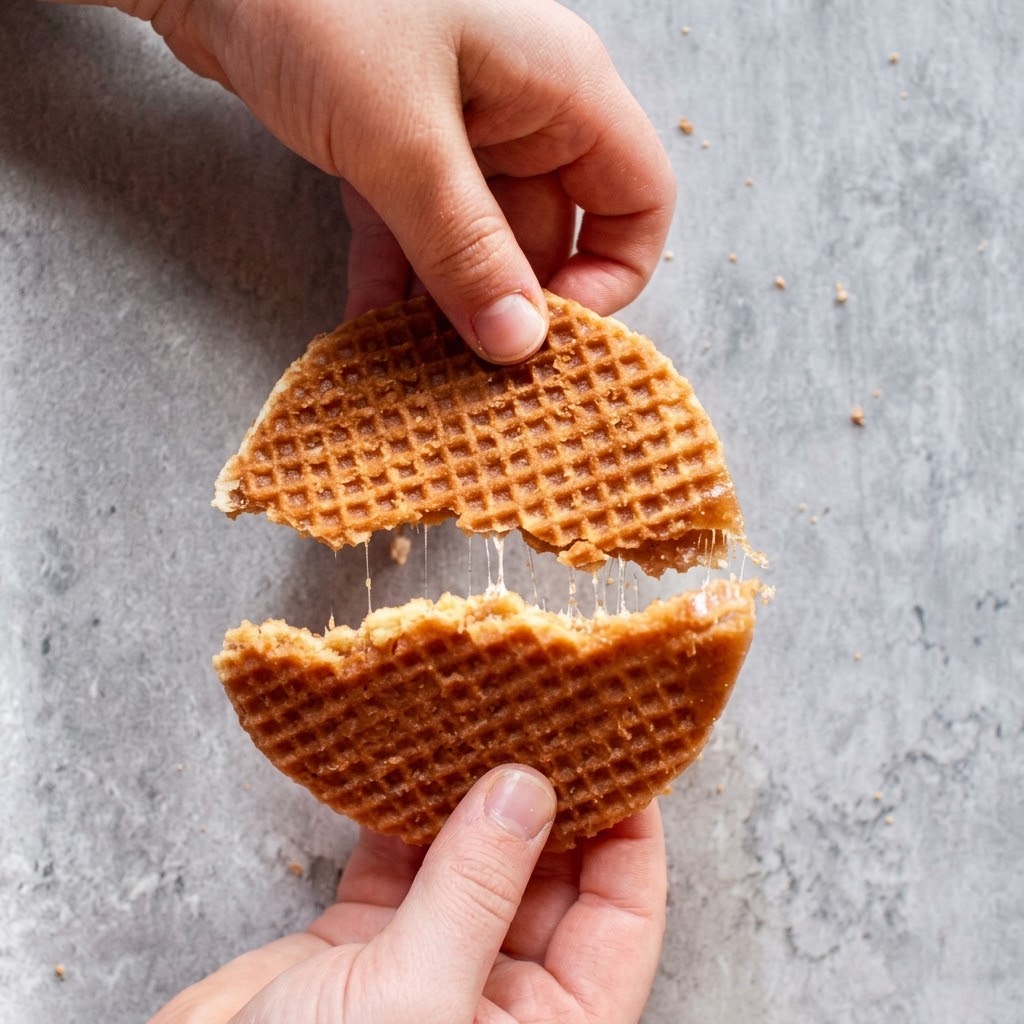 Hand breekt een knapperige wafel, kruimels vallen op grijze ondergrond, twee handen houden de stukken vast.