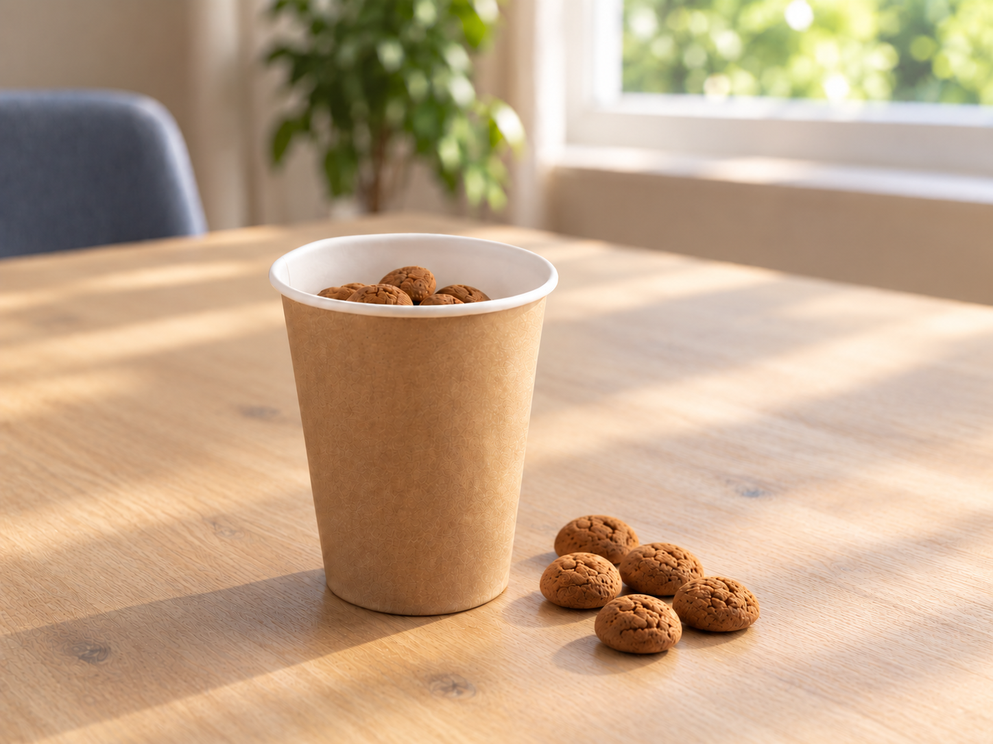 Bruine papieren beker met chocoladekoekjes, op houten tafel, met onscherpe planten en raam op achtergrond.