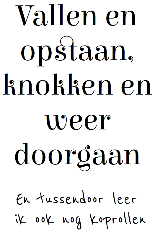 Gouden typografie op zwarte achtergrond met tekst: “Vallen en opstaan, knokken en weer doorgaan.”