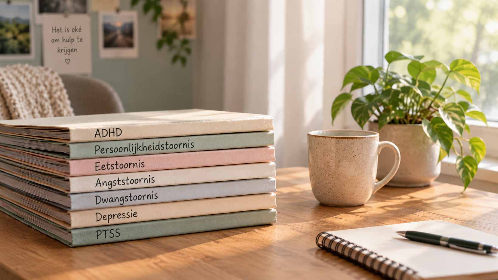 Stapels boeken met labels ADHD, persoonlijkheidsstoornis, eetstoornis, angststoornis, depressie en PTSS op houten tafel.