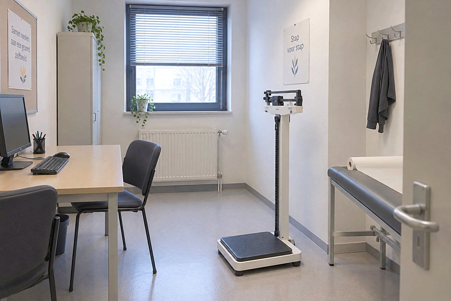 behandelkamer met bureau, stoel, raam met jaloezieën, weegschaal en rolstoeltoegankelijke behandelbank. Eetstoorniskliniek weegkamer