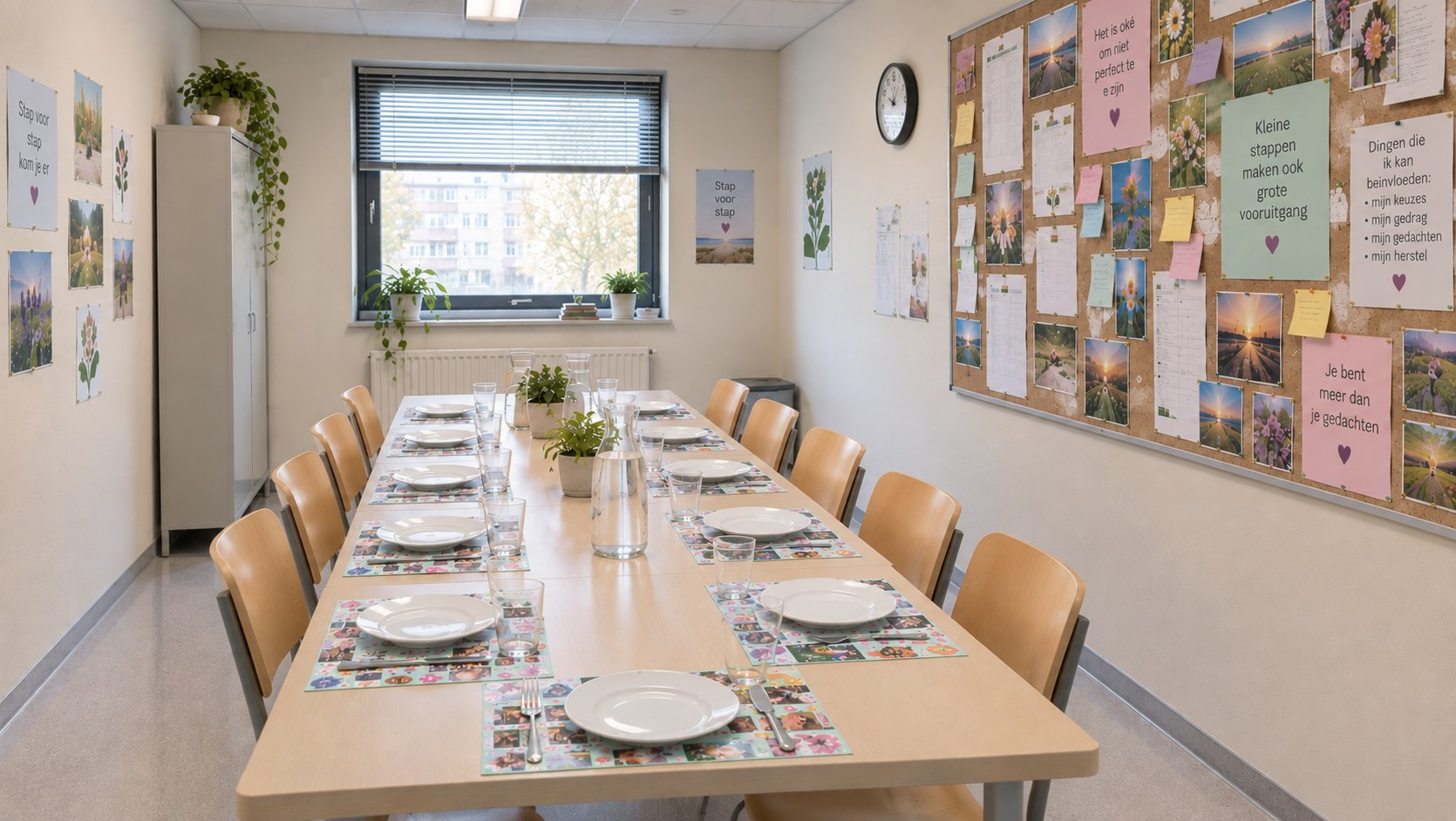 Ruime eetkamer in een eetstoorniskliniek met lange houten tafel, gedekte borden en glazen, en prikbord vol kaarten aan muur.