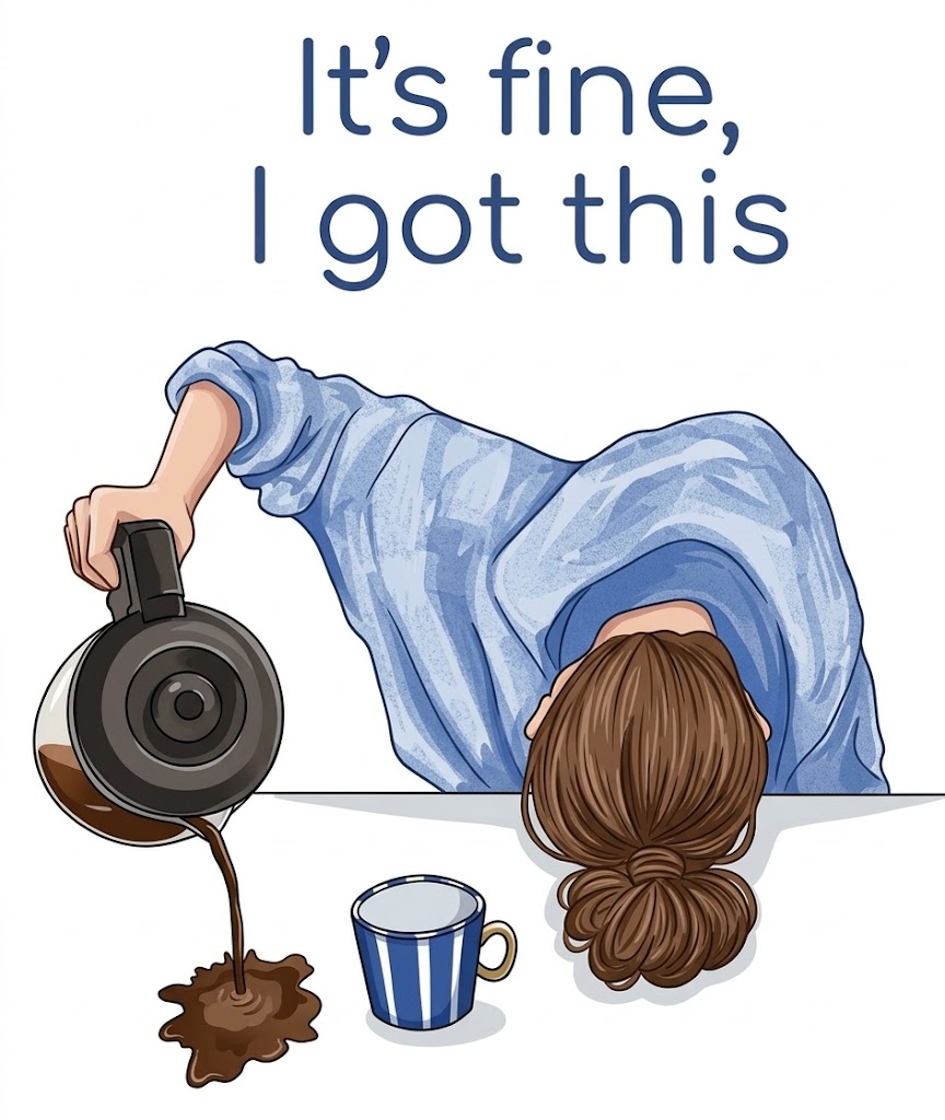 Persoon die voorover leunt, koffie uit een machine giet, met kopje en tekst “It’s fine, I got this”. blauwe hoodie trui met cappushon. bruinhaar en knot op haar hoofd