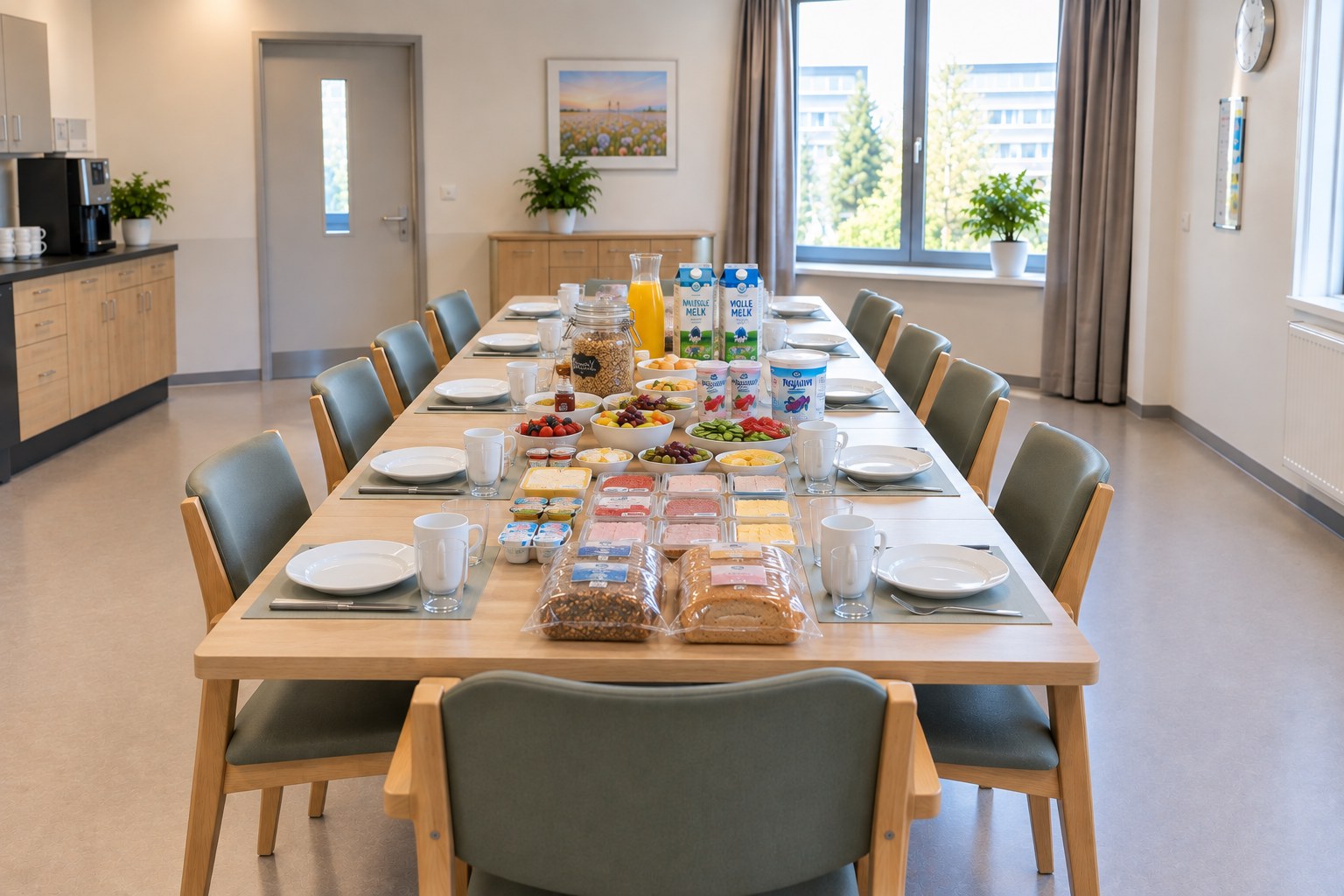 Grote ontbijttafel met borden, glazen, fruit en zuivelproducten in een lichte moderne keukenruimte. Vla, yoghurt, melk, vleeswaren, kaas, beleg, fruit, eetstoorniskliniek, opname ziekenhuis, PAAZ afdeling, eetkamer, lunch