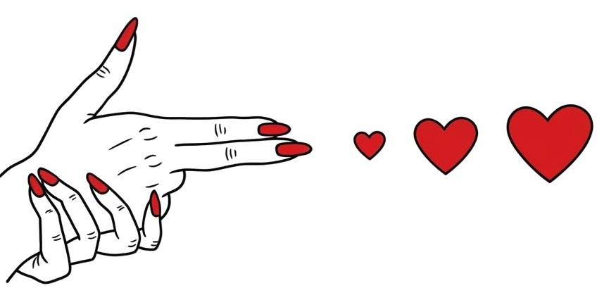 Witte hand met rode nagels wijst naar drie rode harten, die liefde en waardering symboliseren.