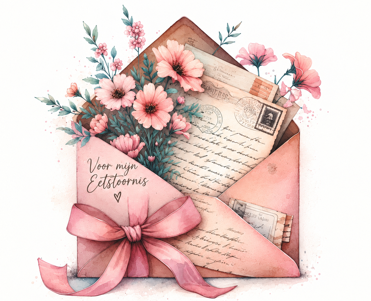 Roze envelop met strik, open brief met bloemen en postzegels, pastelkleuren en zachte decoratieve spetters.