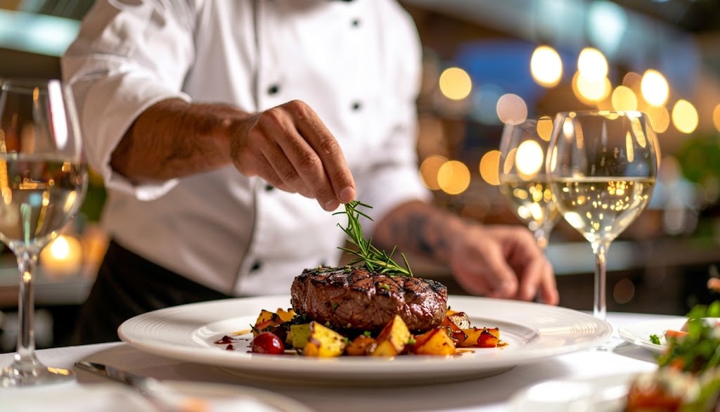Chef garneert een bord met gegrild vlees, groenten en kruiden, met wijnglazen en bokeh-lichtjes op achtergrond. Uiteten, diner, restaurant met een eetstoornis