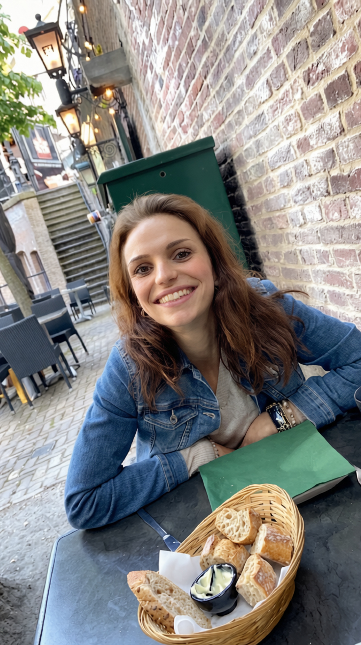 Glimlachende vrouw zit buiten op terras, met mandje brood en koffie, langs stenen muur en lantaarns.Uiteten, diner, restaurant met een eetstoornis