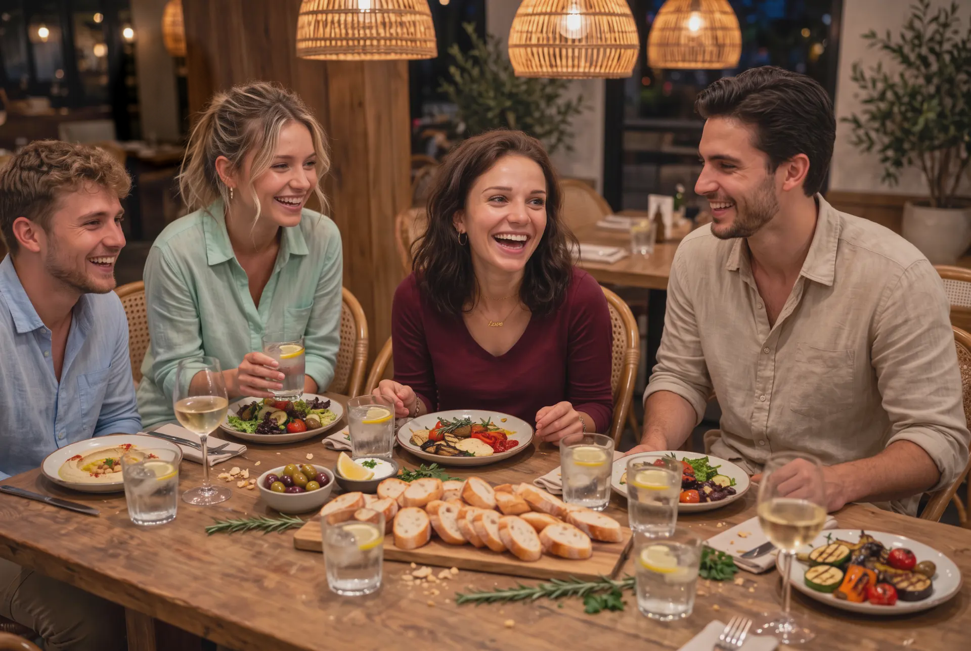 Vier vrienden lachen aan een gedekte tafel in een gezellig restaurant met borden en glazen.