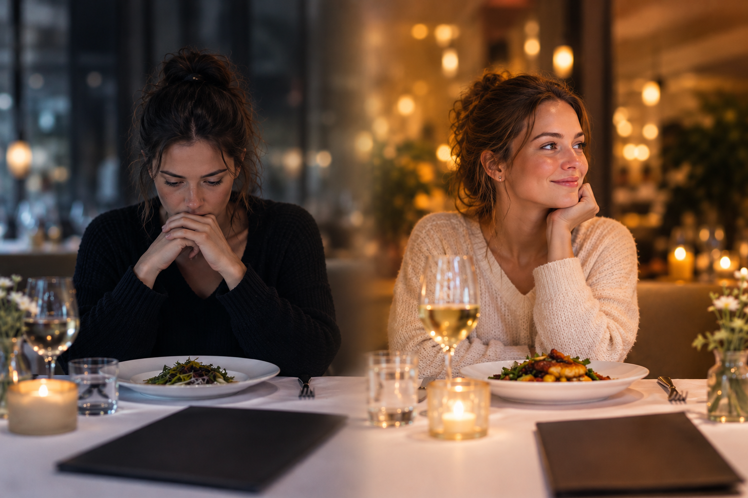 Twee vrouwen dineren aan tafel, één kijkt nadenkend, andere glimlacht in warm verlicht restaurant. Restaurant all you can eat. Uiteten met een eetstoornis. Diner
