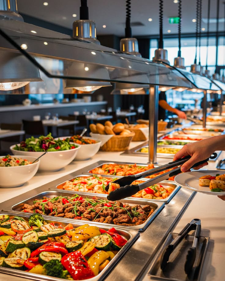 Hand schept eten uit buffet met trays vol gegrilde groenten en vlees, in moderne restaurantkeuken. Restaurant all you can eat. Uiteten met een eetstoornis. Diner