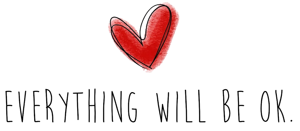 Rode handgetekende hartvorm met tekst “EVERYTHING WILL BE OK” op witte achtergrond.