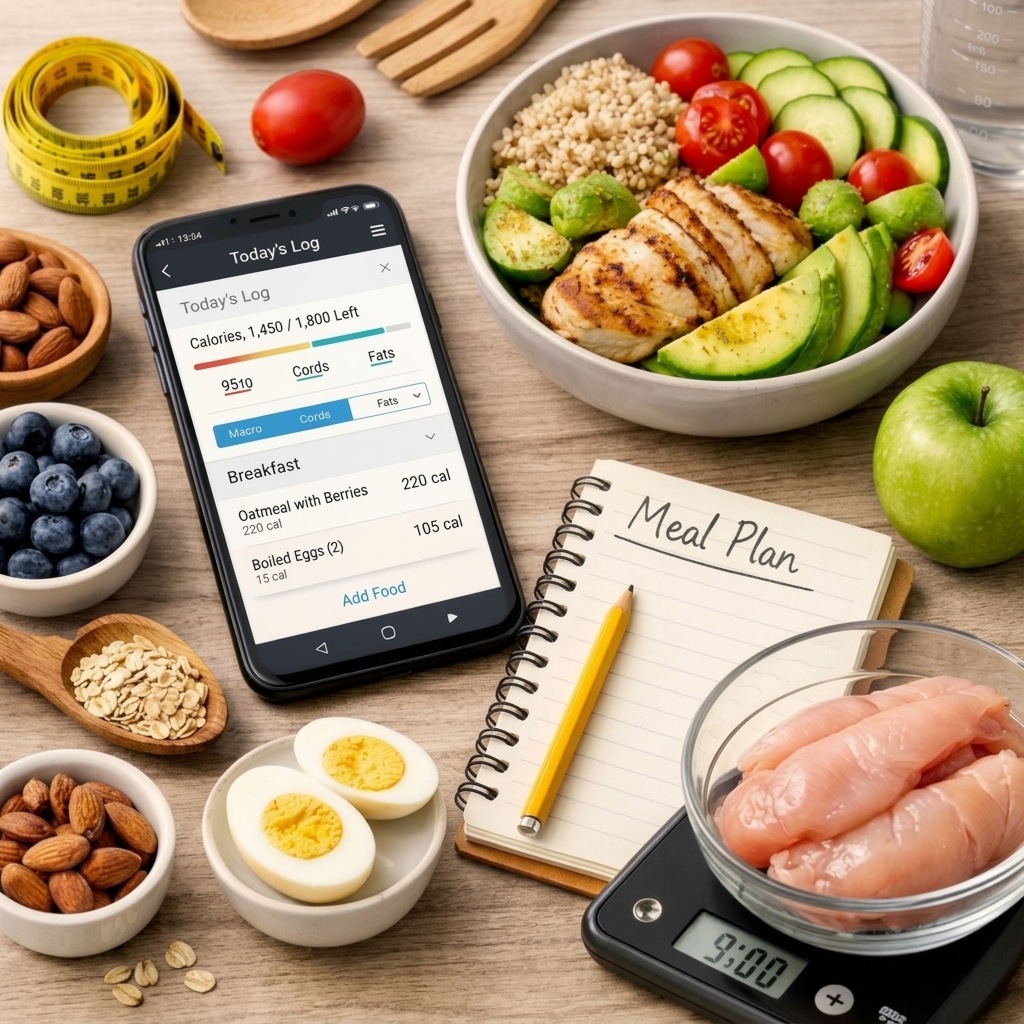 Gezonde maaltijd met salade, kip en groenten, terwijl smartphone en mealplan-app op tafel liggen.