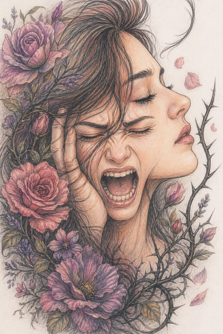 Schreeuwende vrouw met gesloten ogen, omringd door roze en paarse bloemen en bladeren, getekende illustratie.