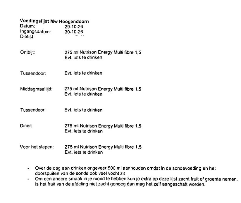 Voedingslijst met data en dagelijkse drinkhoeveelheden, inclusief Nutrison Energy Multi fibre 1,5.
